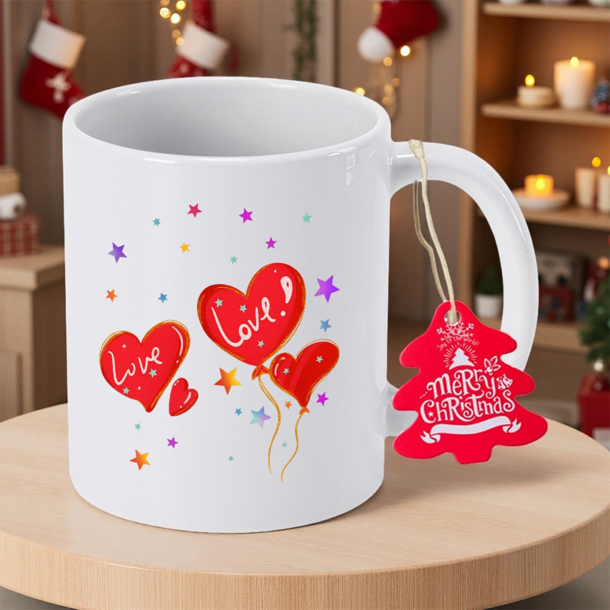 Tailorly White Ceramic 11 oz Mug - Love Merry Christmas Red Heart Balloons Floating Among Colorful Twinkling Stars Mug