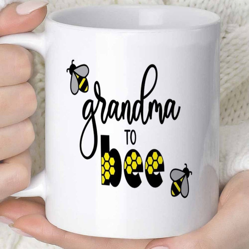 Tailorly White Ceramic 11 oz Mug - Grandma To Bee Charming Little Insects Featuring Yellow Honeycomb Pattern Within Bold Text Bee