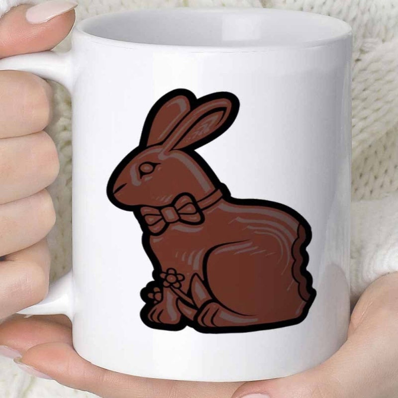 Tailorly White Ceramic 11 oz Mug - Charming Brown Chocolate Easter Bunny With Small Bow Tie Detail Bunny
