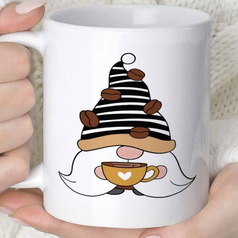 Tailorly White Ceramic 11 oz Mug - Charming Striped Hat With Coffee Beans Holding A Heart Coffee Cup Gnome