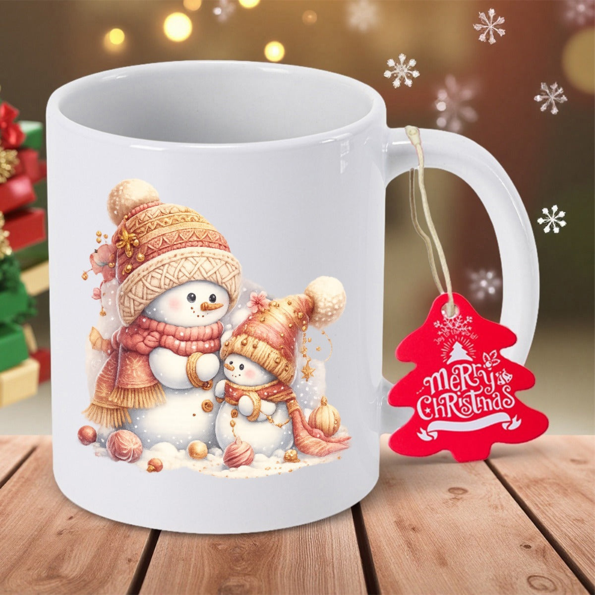 Tailorly White Ceramic 11 oz Mug - Merry Christmas Adorable Winter Duo Wearing Knitted Peach Hats And Warm Colorful Scarves Snowmen