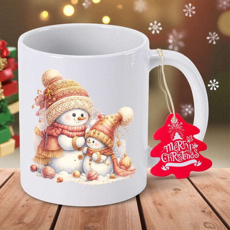 Tailorly White Ceramic 11 oz Mug - Merry Christmas Adorable Winter Duo Wearing Knitted Peach Hats And Warm Colorful Scarves Snowmen