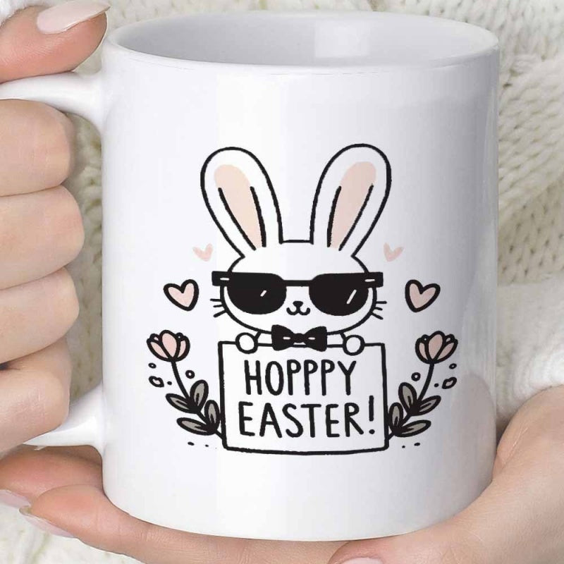 Tailorly White Ceramic 11 oz Mug - Hopppy Easter Cute White Cartoon Bunny Wearing Sunglasses And Black Bow Tie Rabbit