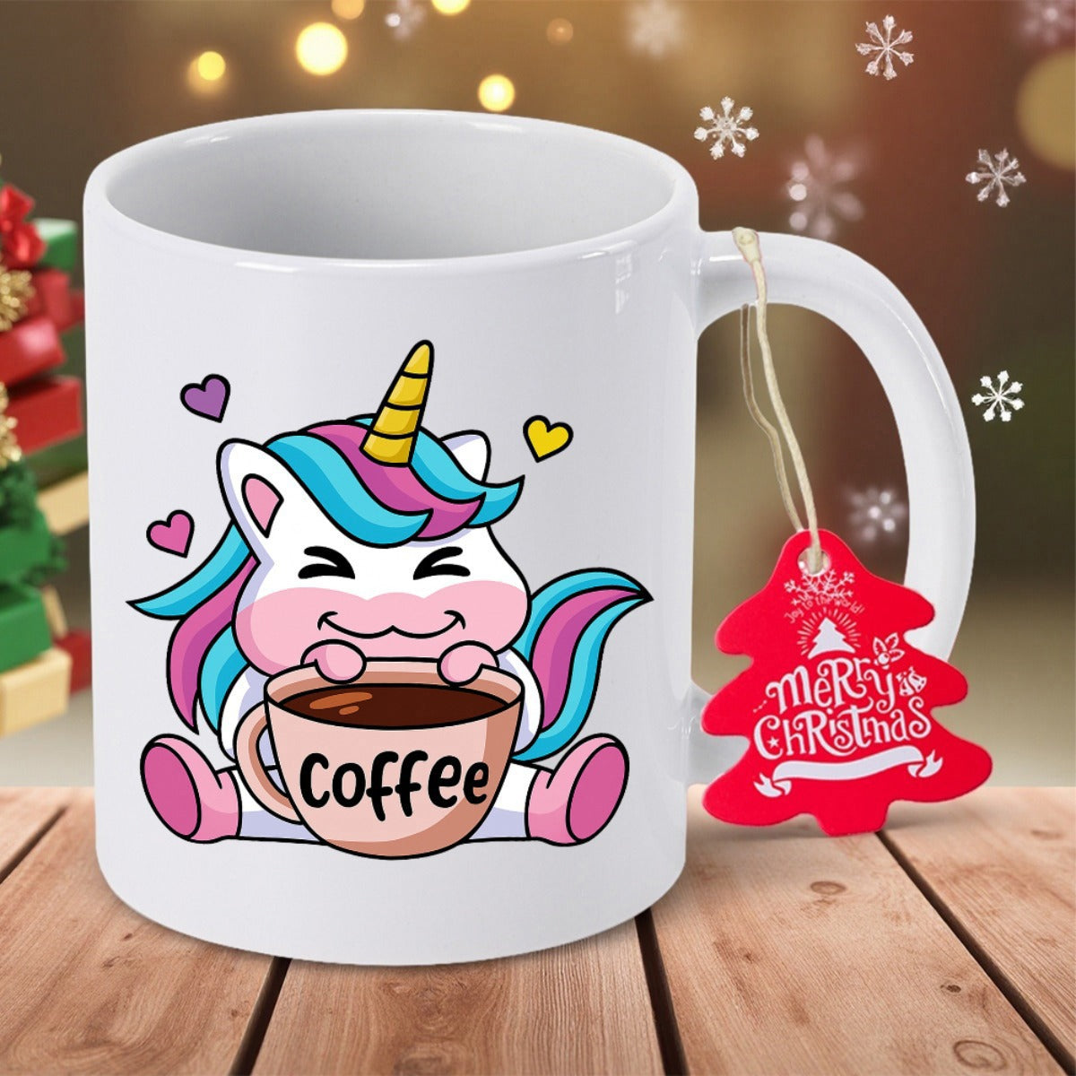 Tailorly White Ceramic 11 oz Mug - Coffee Merry Christmas Charming Cartoon Creature With Colorful Hair Holding A Steaming Cup Unicorn