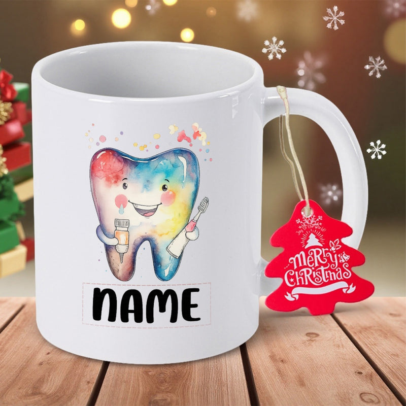 Tailorly White Ceramic 11 oz Mug - Name Merry Christmas Colorful Watercolor Smiling Character Holding A Small Toothbrush Tooth