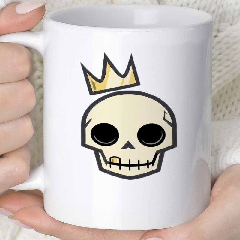 Tailorly White Ceramic 11 oz Mug - Minimalist Cartoon Style Illustrating A Royal Skeleton Head With Golden Crown Skull