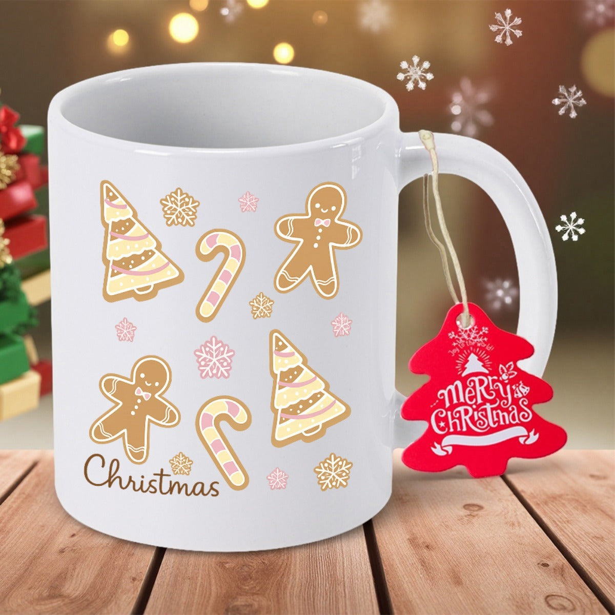 Tailorly White Ceramic 11 oz Mug - Christmas Festive Gingerbread Cookies And Candy Canes On A