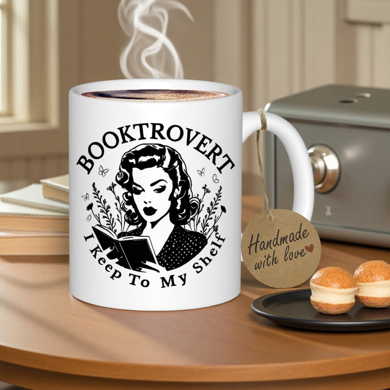 Tailorly White Ceramic 11 oz Mug - Booktrovert I Keep To My Shelf Vintage Style Woman Reading Among Delicate Botanical Floral Elements Woman