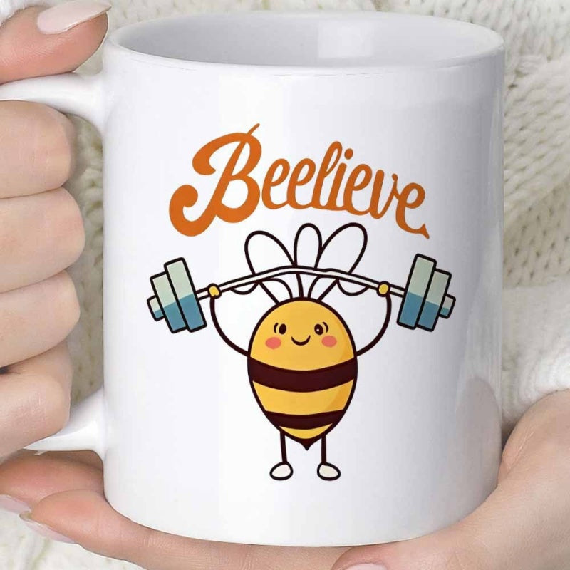 Tailorly White Ceramic 11 oz Mug - Beelieve Cute Cartoon Character Lifting Heavy Weights With Determination Bee