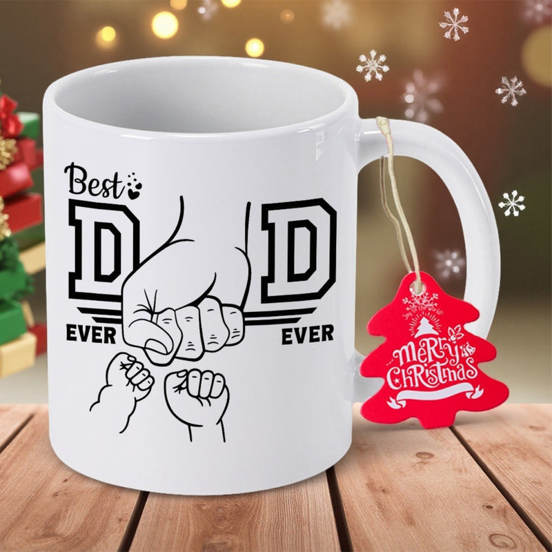 Tailorly White Ceramic 11 oz Mug - Best Dad Ever Ever Artistic Line Drawing Of Father And Child Hands Joining Together Fist