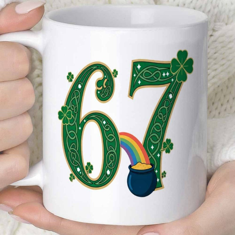 Tailorly White Ceramic 11 oz Mug - Ornate Green Festive Elements With Intricate Celtic Knots And Rainbow Number