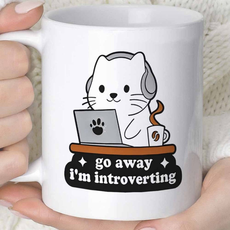 Tailorly White Ceramic 11 oz Mug - Go Away Im Introverting Cute White Character Wearing Headphones Sitting Behind Laptop With Coffee Cat