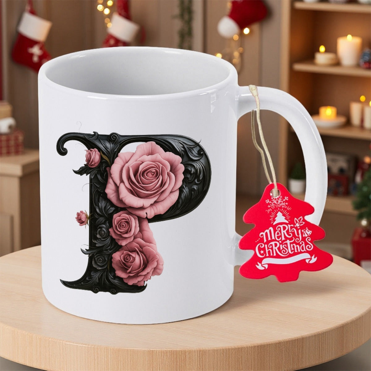 Tailorly White Ceramic 11 oz Mug - Merry Christmas Elegant Ornate Black Gothic Pattern Intertwined With Delicate Blooming Pink Rose Letter