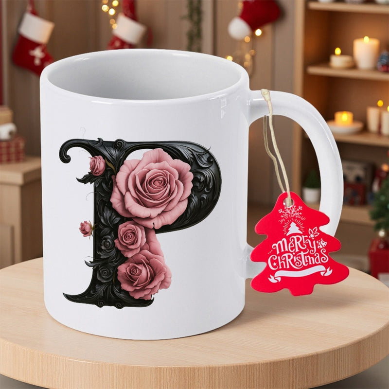 Tailorly White Ceramic 11 oz Mug - Merry Christmas Elegant Ornate Black Gothic Pattern Intertwined With Delicate Blooming Pink Rose Letter