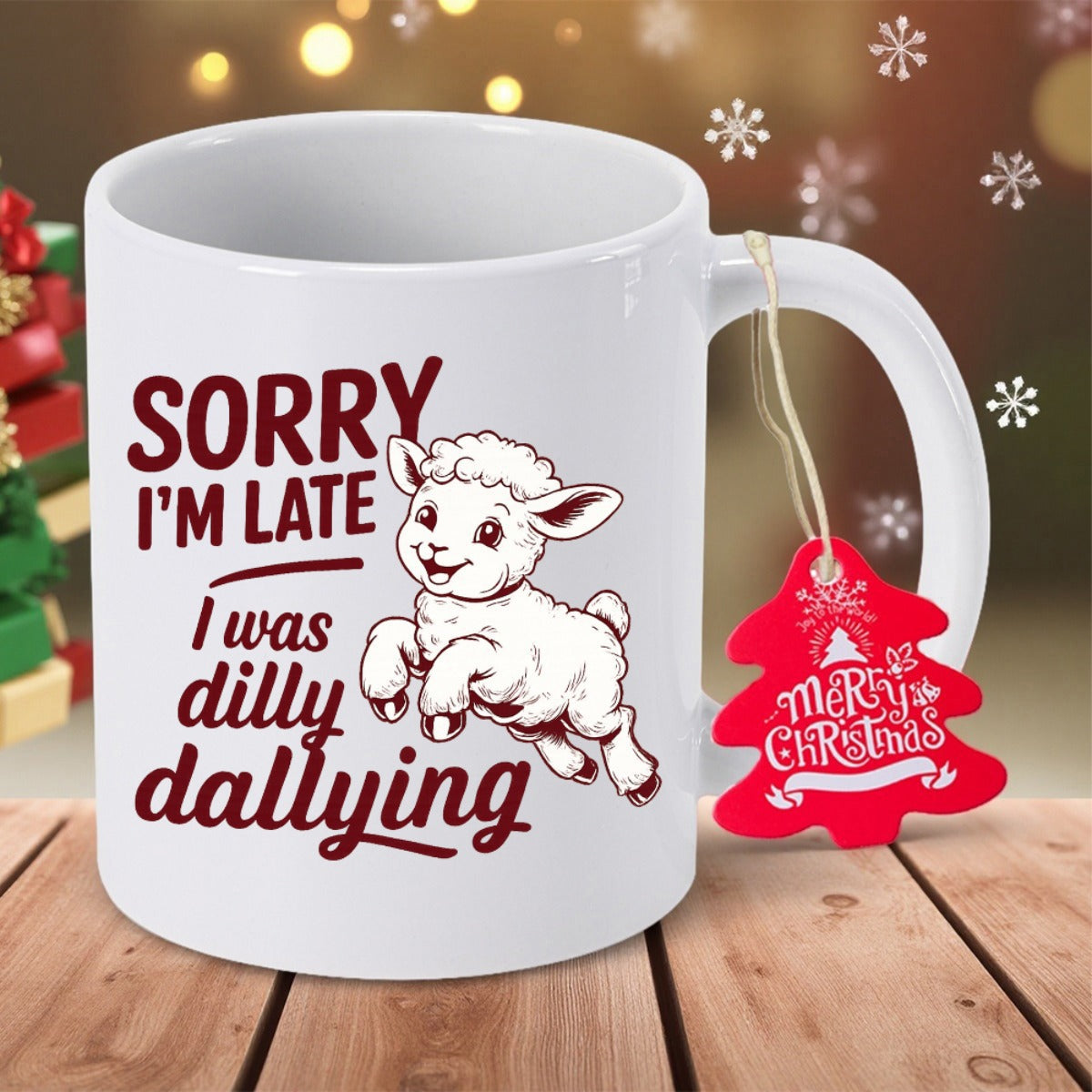 Tailorly White Ceramic 11 oz Mug - Sorry I M Late I Was Dilly Dallying Cute Cartoon Sheep Jumping Playfully With A Joyful And Energetic Expression Lamb