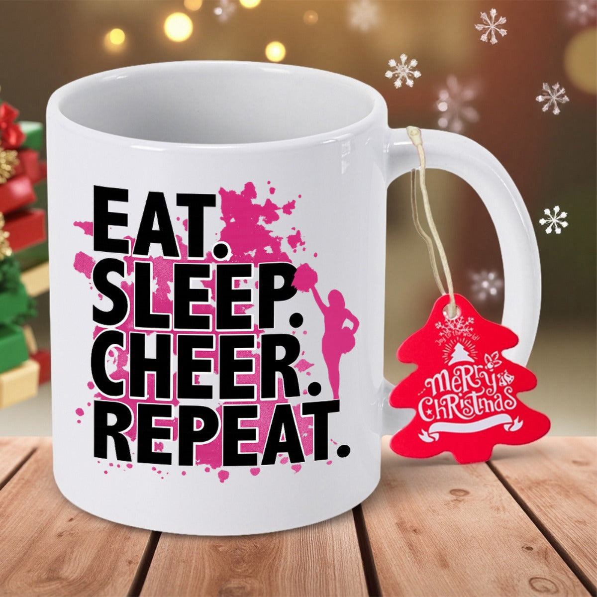 Tailorly White Ceramic 11 oz Mug - Eat Sleep Cheer Repeat Energetic Silhouette Dancing In Front Of Vibrant Pink Paint Splatter Cheerleader