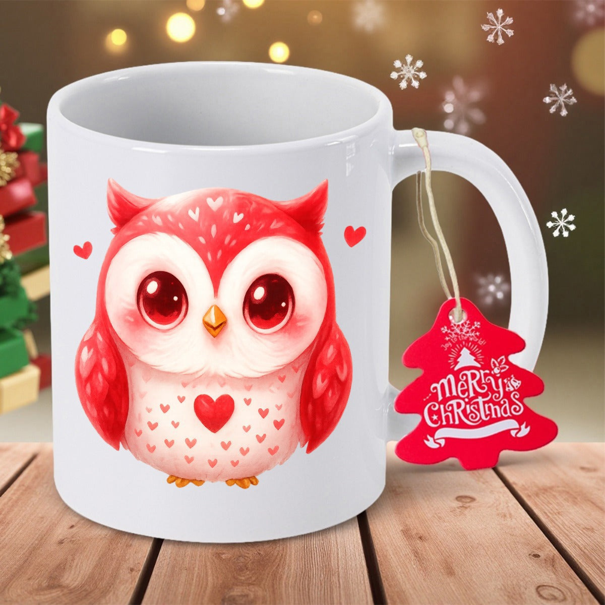 Tailorly White Ceramic 11 oz Mug - Merry Christmas Adorable Little Red Bird With Large Shining Eyes Heart Patterned Feathers Festive Cute Owl