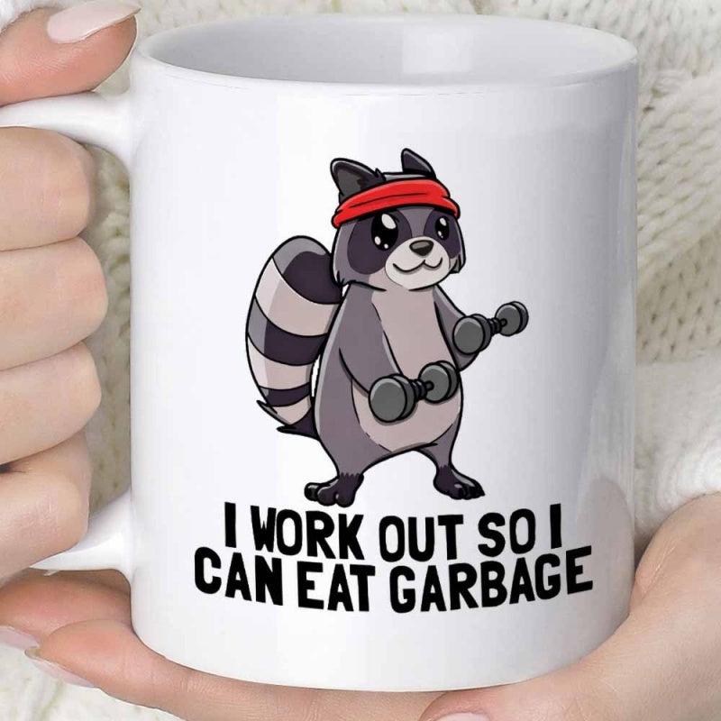 Tailorly White Ceramic 11 oz Mug - I Work Out So I Can Eat Garbage Cartoon Trash Panda Wearing Red Headband Lifting Heavy Black Iron Dumbbells Raccoon