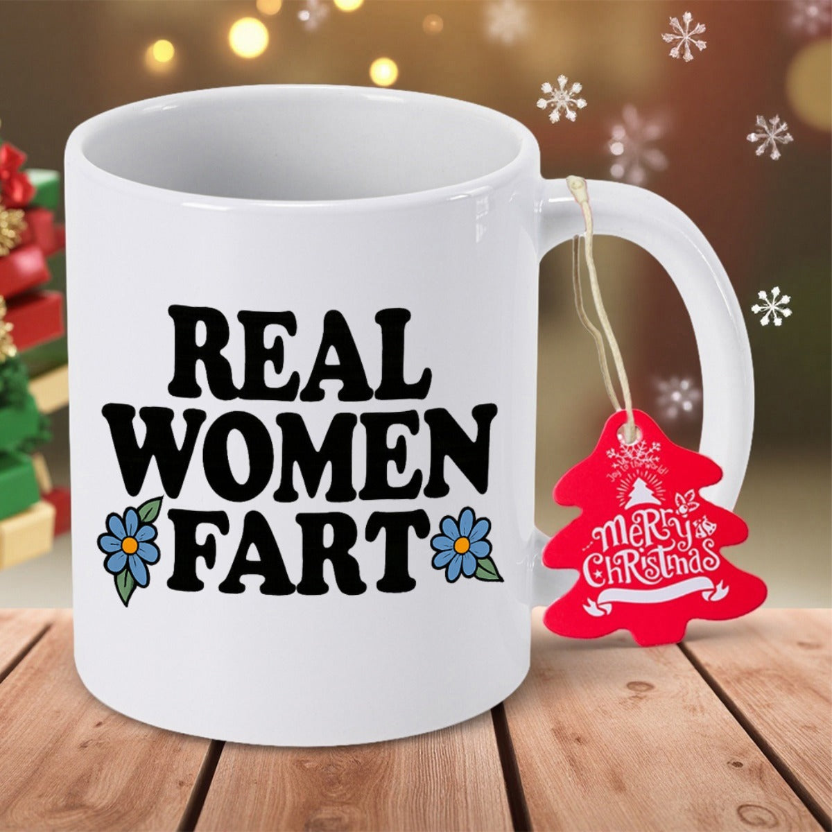 Tailorly White Ceramic 11 oz Mug - Real Women Fart Minimalist Floral Accents With Bold Retro Style Typography On
