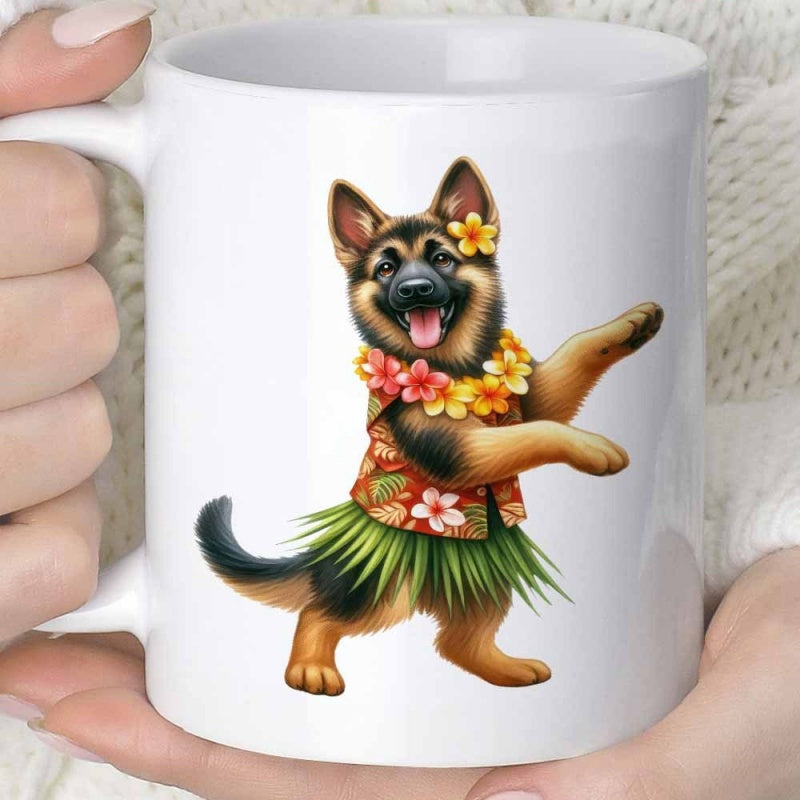 Tailorly White Ceramic 11 oz Mug - Adorable Puppy Wearing Colorful Floral Shirt And Green Grass Skirt German Shepherd