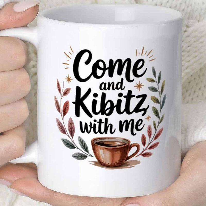Tailorly White Ceramic 11 oz Mug - Come And Kibitz With Me Cozy Steaming Brown Beverage Surrounded By Colorful Autumn Leaves Coffee Cup