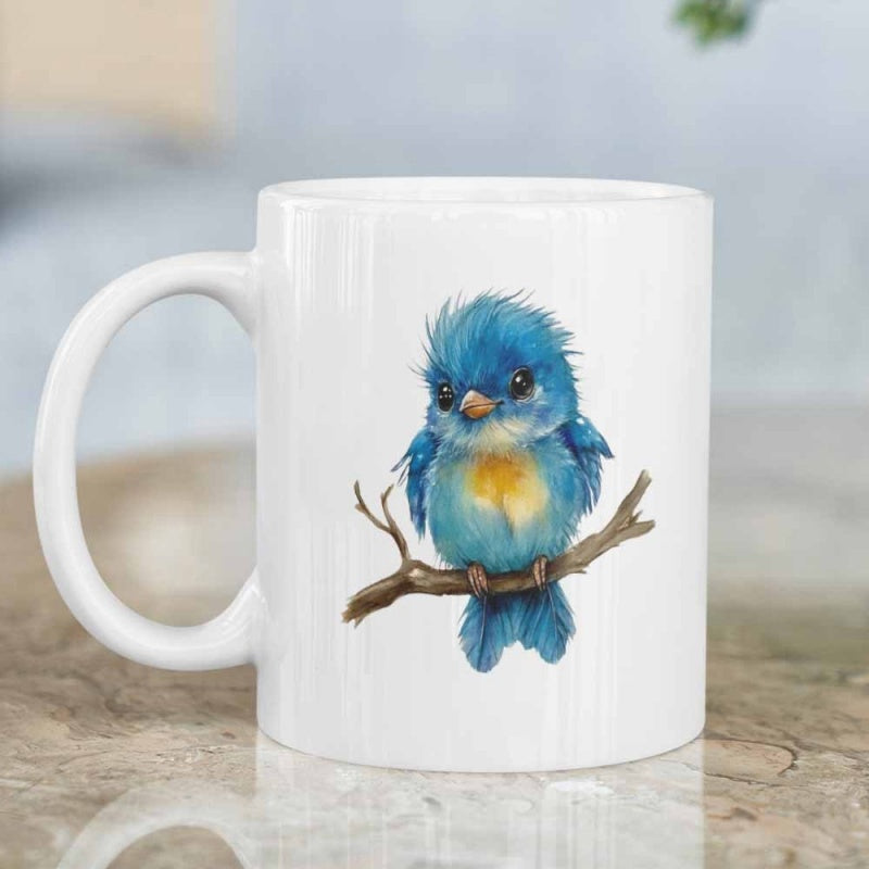 Tailorly White Ceramic 11 oz Mug - Adorable Fluffy Blue Bird Perched On A Rustic Natural Wooden Branch Bird