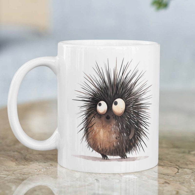 Tailorly White Ceramic 11 oz Mug - Adorable Spiky Dark Creature With Large Expressive Eyes Standing Alone Hedgehog