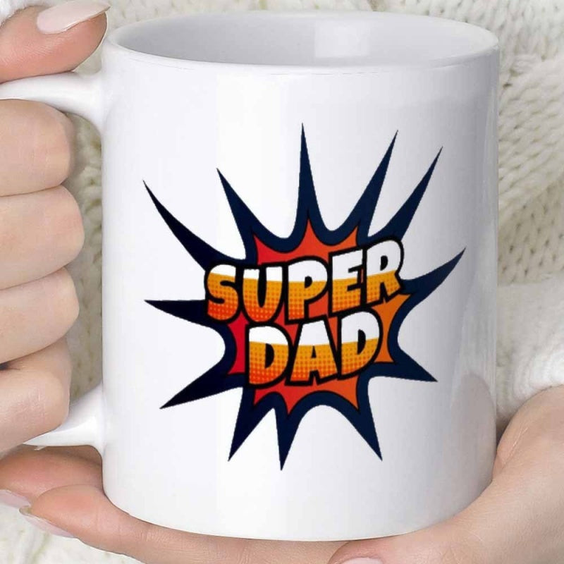 Tailorly White Ceramic 11 oz Mug - Super Dad Comic Style Burst With Vibrant Orange And Blue Tones Dynamic Mug