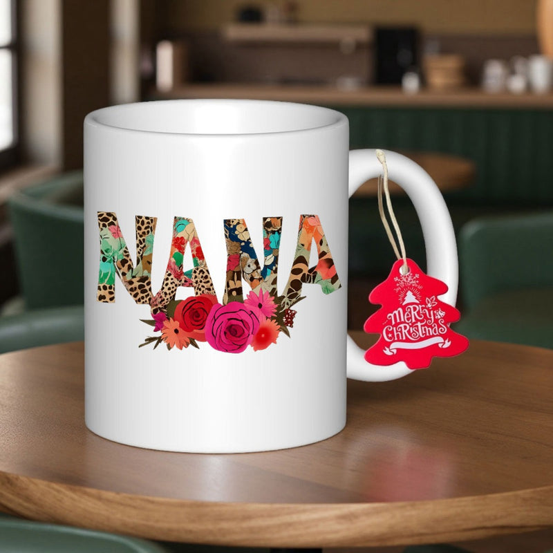Tailorly White Ceramic 11 oz Mug - Nana Leopard Pattern Bold Letters Above Red And Pink Roses Flower