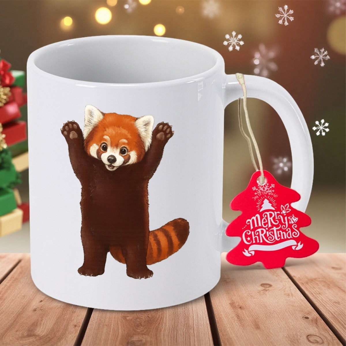 Tailorly White Ceramic 11 oz Mug - Merry Christmas Standing Adorable Fluffy Red Panda Raising Both Paws Joyfully Red Panda
