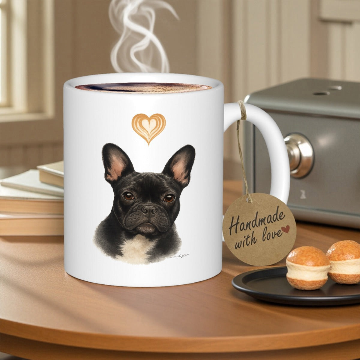 Tailorly White Ceramic 11 oz Mug - Sweet Realistic French Bulldog Head With Golden Floating Heart Above Calm Portrait Bulldog