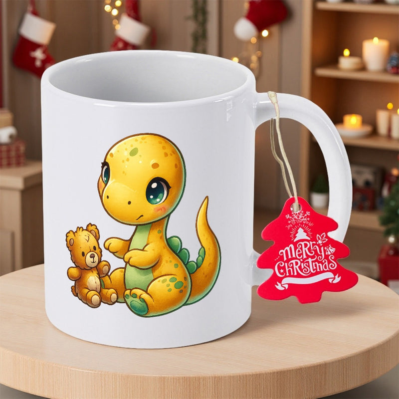 Tailorly White Ceramic 11 oz Mug - Merry Christmas Adorable Yellow Dinosaur Sitting Next To A Small Brown Teddy Bear Dinosaur