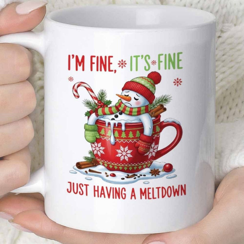 Tailorly White Ceramic 11 oz Mug - I'm Fine It's Fine Just Having A Meltdown Sad Melting Snowman Resting Inside Festive Red Christmas Coffee Mug Snowman