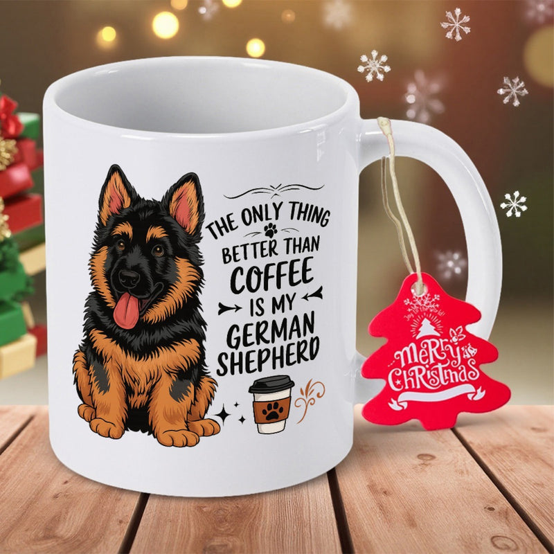 Tailorly White Ceramic 11 oz Mug - The Only Thing Better Than Coffee Is My German Shepherd Merry Christmas Loyal Sitting Canine Surrounded By Decorative Swirls And