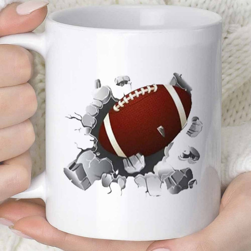 Tailorly White Ceramic 11 oz Mug - Dynamic Action Sports Ball Bursting Through A Distressed Cracked Concrete Wall Football