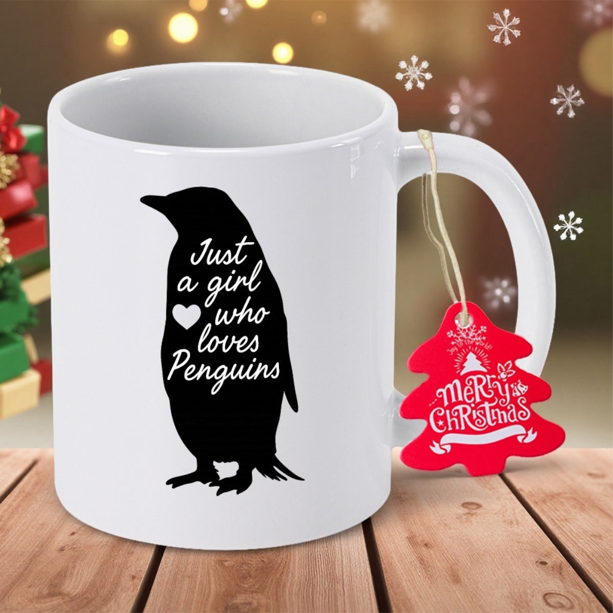 Tailorly White Ceramic 11 oz Mug - Just A Girl Who Loves Penguins Solid Black Silhouette With Heart And White Script Text Penguin