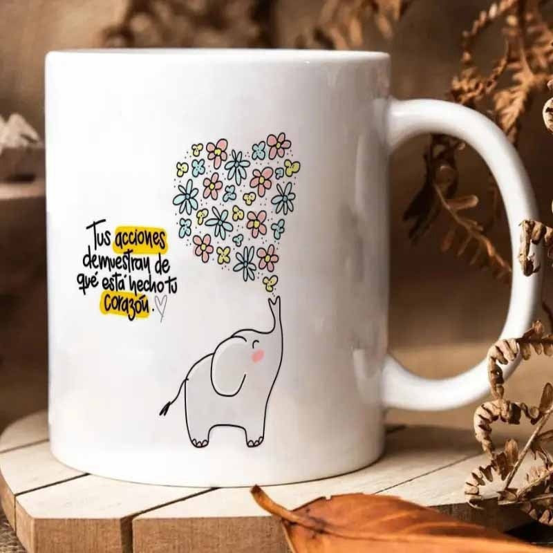 Tailorly White Ceramic 11 oz Mug - Adorable Baby Elephant Blowing Heart Shaped Bouquet Of Colorful Wildflowers Elephant