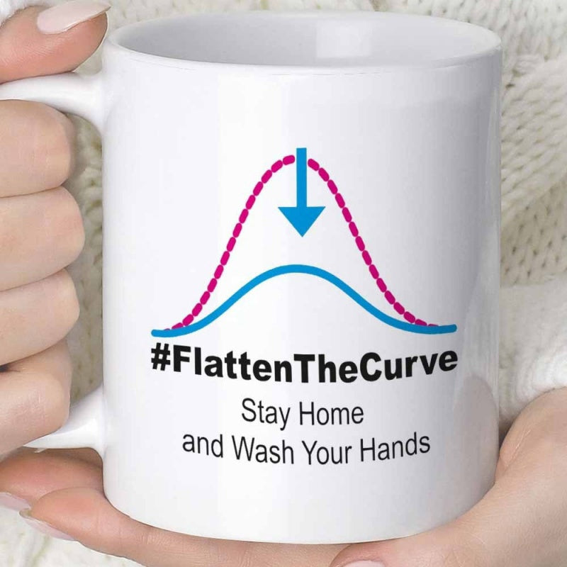 Tailorly White Ceramic 11 oz Mug - Flatten The Curve Stay Home And Wash Your Hands Minimalist Mathematical Graph With Downward Blue Arrow Social Distancing Graphic