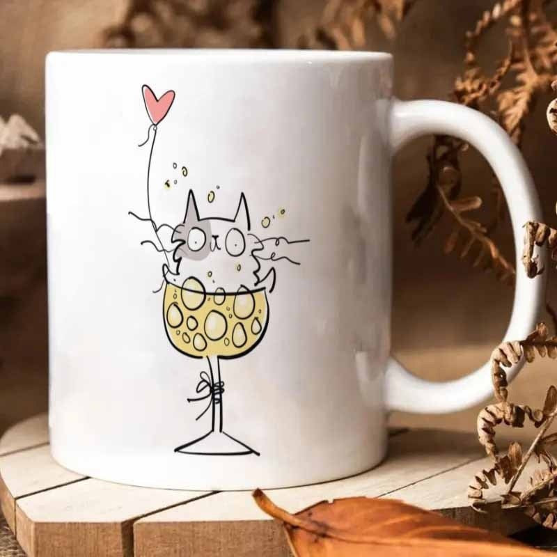 Tailorly White Ceramic 11 oz Mug - Whimsical Hand Drawn Sketch Of Small Feline Inside Bubbly Wine Glass Cat