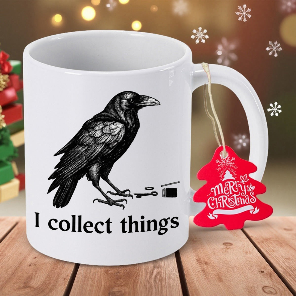 Tailorly White Ceramic 11 oz Mug - I Collect Things Detailed Ink Illustration Showing A Black Bird Next To Objects Raven