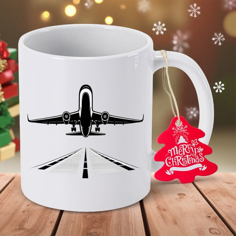 Tailorly White Ceramic 11 oz Mug - Sleek Black Silhouette Of A Commercial Jet Taking Off From Runway Airplane