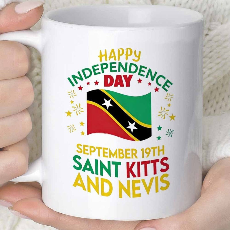 Tailorly White Ceramic 11 oz Mug - Happy Independence Day September 19th Saint Kitts And Nevis Waving National Flag With Festive Decorative Stars And Yellow