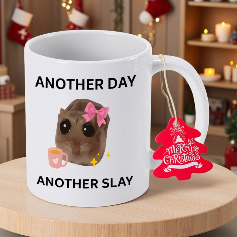 Tailorly White Ceramic 11 oz Mug - Another Day Another Slay Cute Brown Hamster Wearing Pink Bow Holding Heart Coffee Cup With Sparkles Hamster