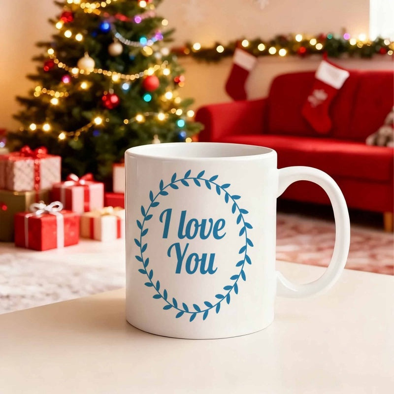 Tailorly White Ceramic 11 oz Mug - I Love You Simple Circular Blue Leaf Wreath Surrounding Romantic Sentimental Script Wreath