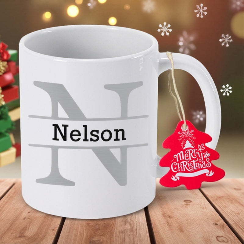 Tailorly White Ceramic 11 oz Mug - Nelson Merry Christmas Minimalist Grey Split Monogram Letter Among Festive Holiday Atmosphere Mug