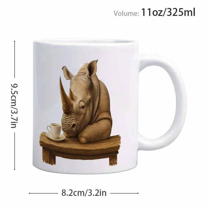 Tailorly White Ceramic 11 oz Mug - Realistic Brown Rhino Resting On Wooden Table With Tiny Coffee Cup Rhino