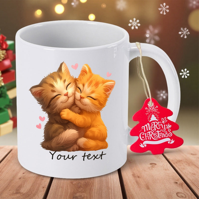 Tailorly White Ceramic 11 oz Mug - Merry Christmas Your Text Two Cute Kittens Embracing Warmly Among Soft Floating Pink Hearts Kittens