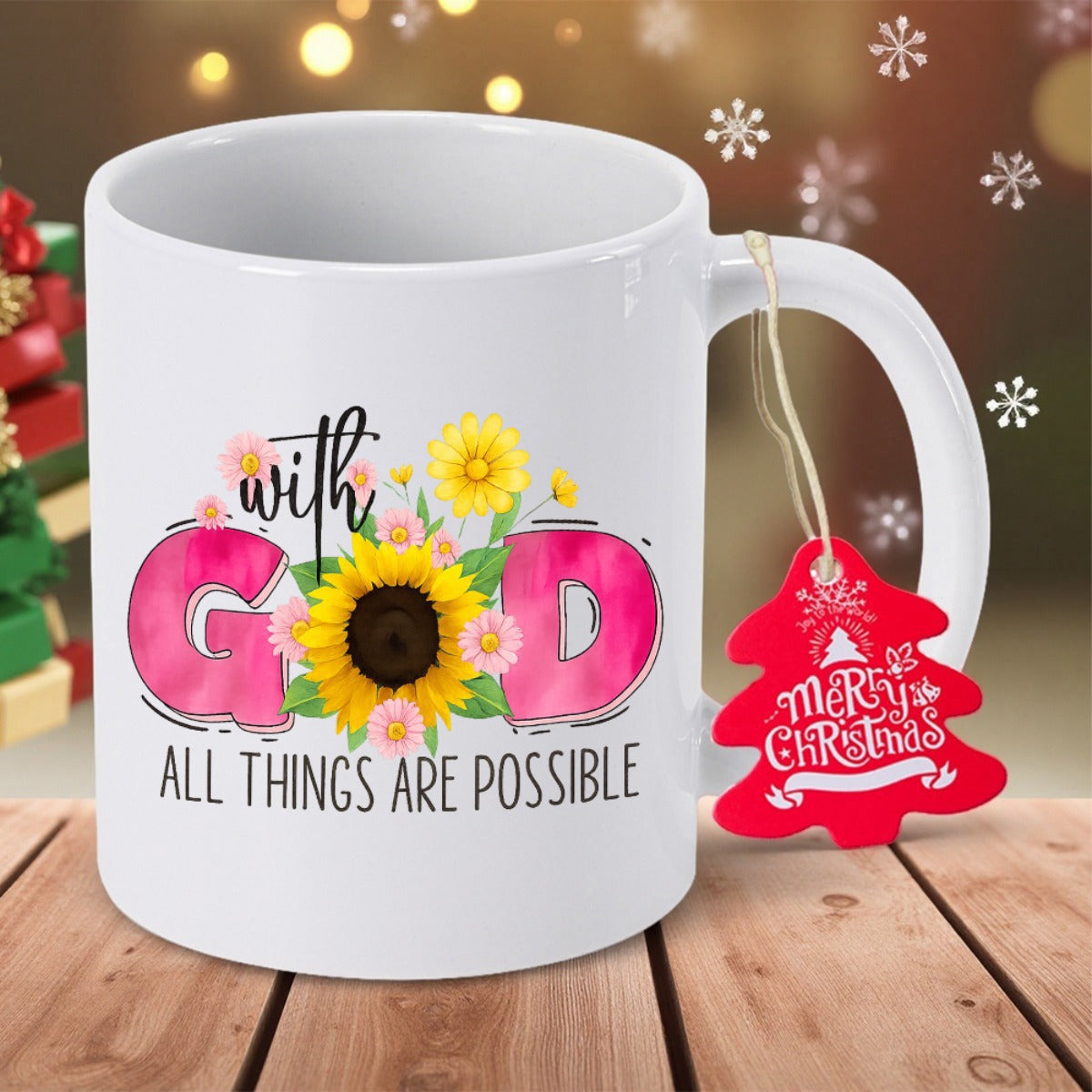 Tailorly White Ceramic 11 oz Mug - With God All Things Are Possible Radiant Blooming Petals Set Within Vibrant Pink Artistic Text Sunflower