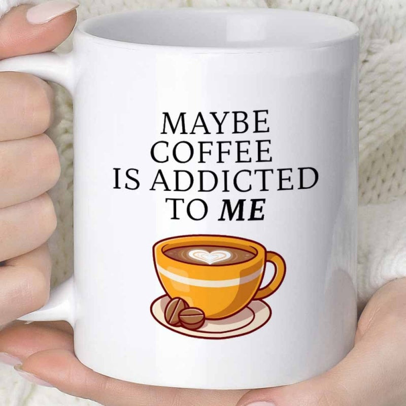 Tailorly White Ceramic 11 oz Mug - Maybe Coffee Is Addicted To Me Whimsical Cartoon Style Coffee Cup With Heart Latte Art And Beans Mug