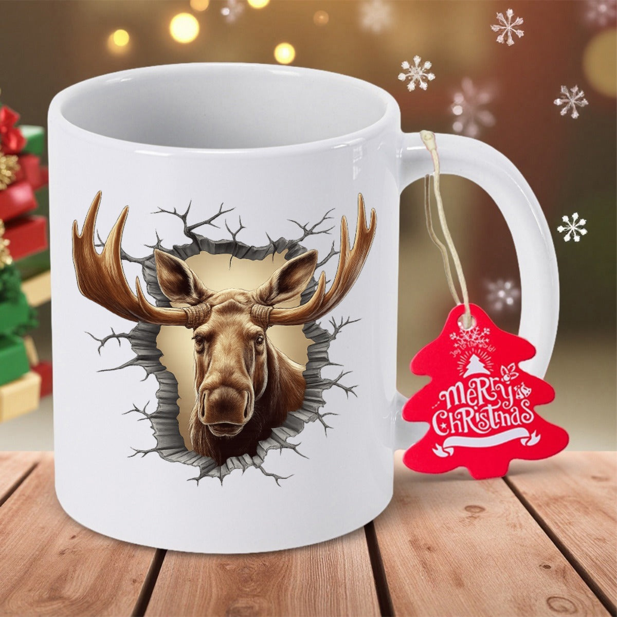 Tailorly White Ceramic 11 oz Mug - Merry Christmas Majestic Wild Animal Emerging From A Cracked Realistic Stone Moose
